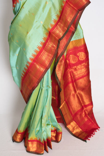 Girija : Sea Green and Red Handwoven Pure Gadwal Silk Saree image 6