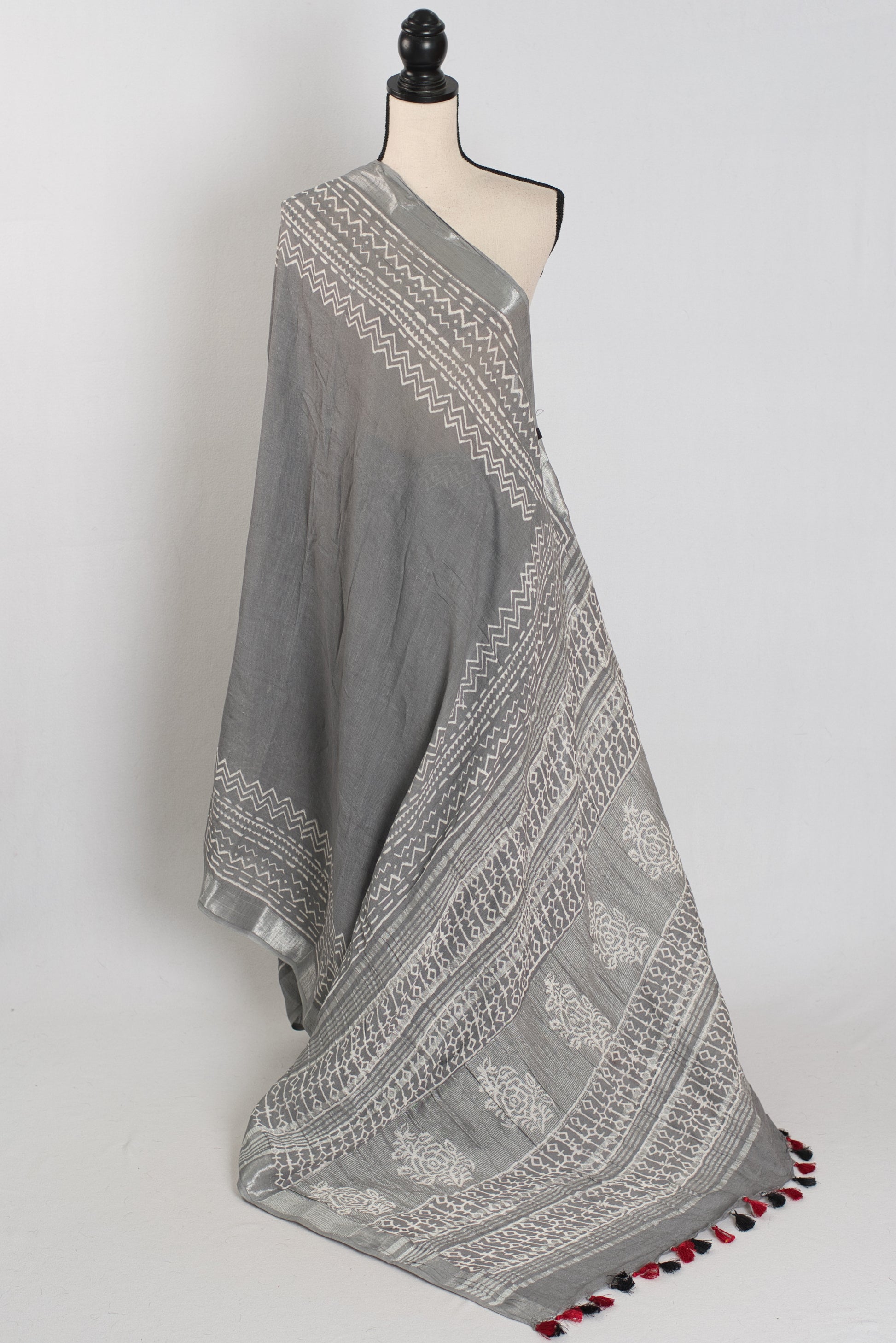 Snigdha: Grey and Silver Hand Block Printed Saree | Soft Linen Cotton image 1