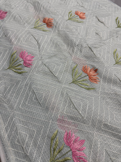 Jessica | Soft Grey Semi Kota Silk Saree | Pastel Floral Machine Embroidery image 5