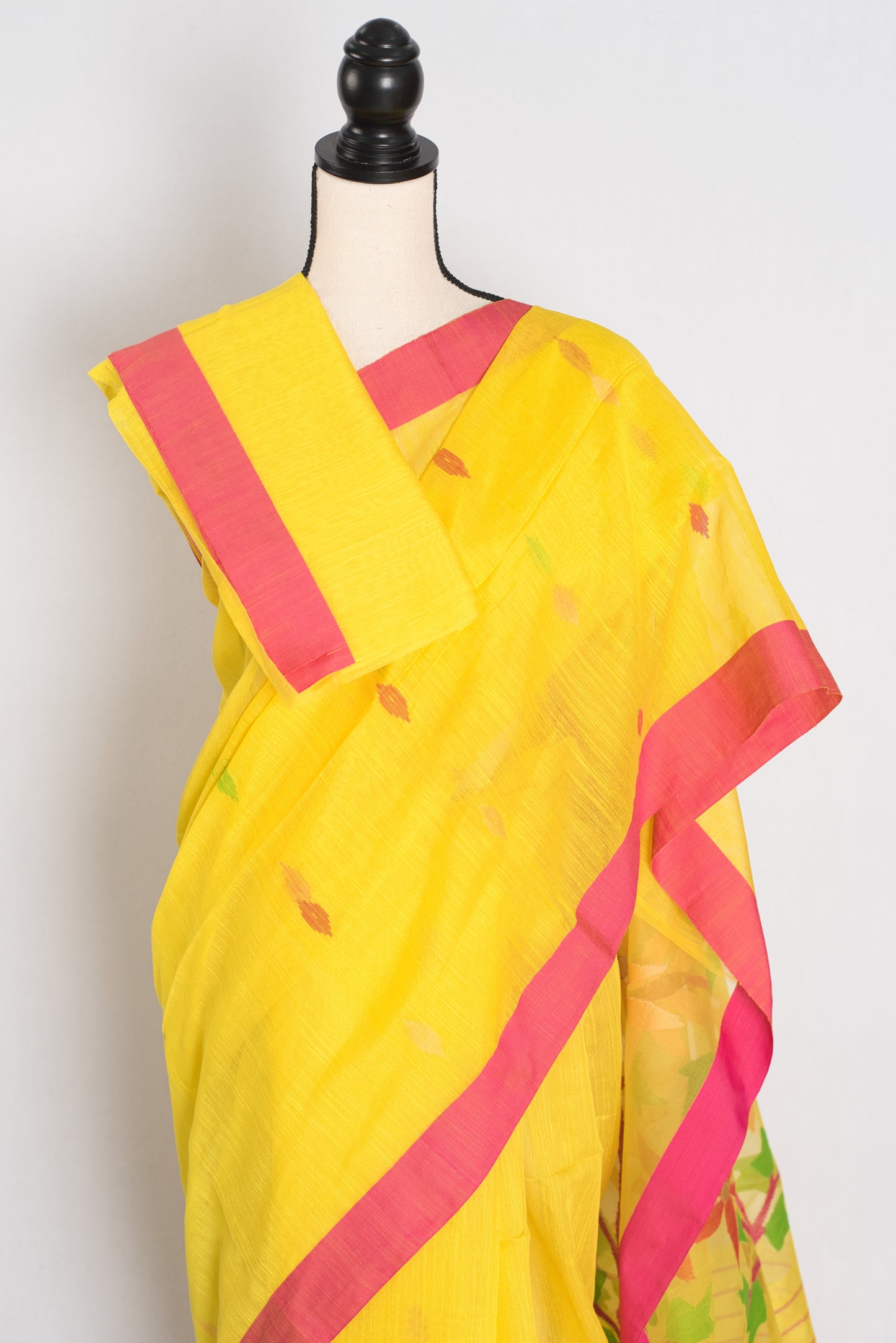 Shruti: Bright Yellow & Pink Bengal Linen-Cotton Saree | Handwoven Jamdani Pallu image 2