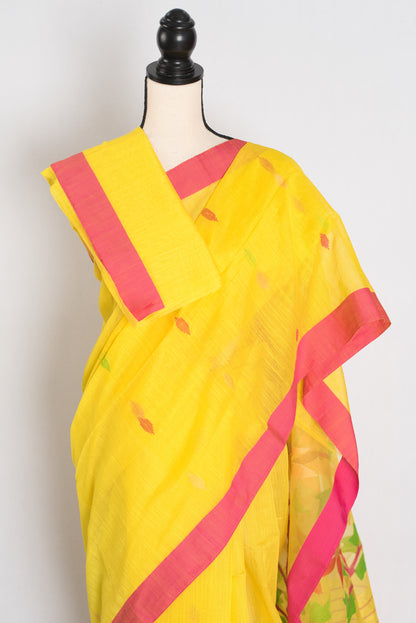 Shruti: Bright Yellow & Pink Bengal Linen-Cotton Saree | Handwoven Jamdani Pallu image 2