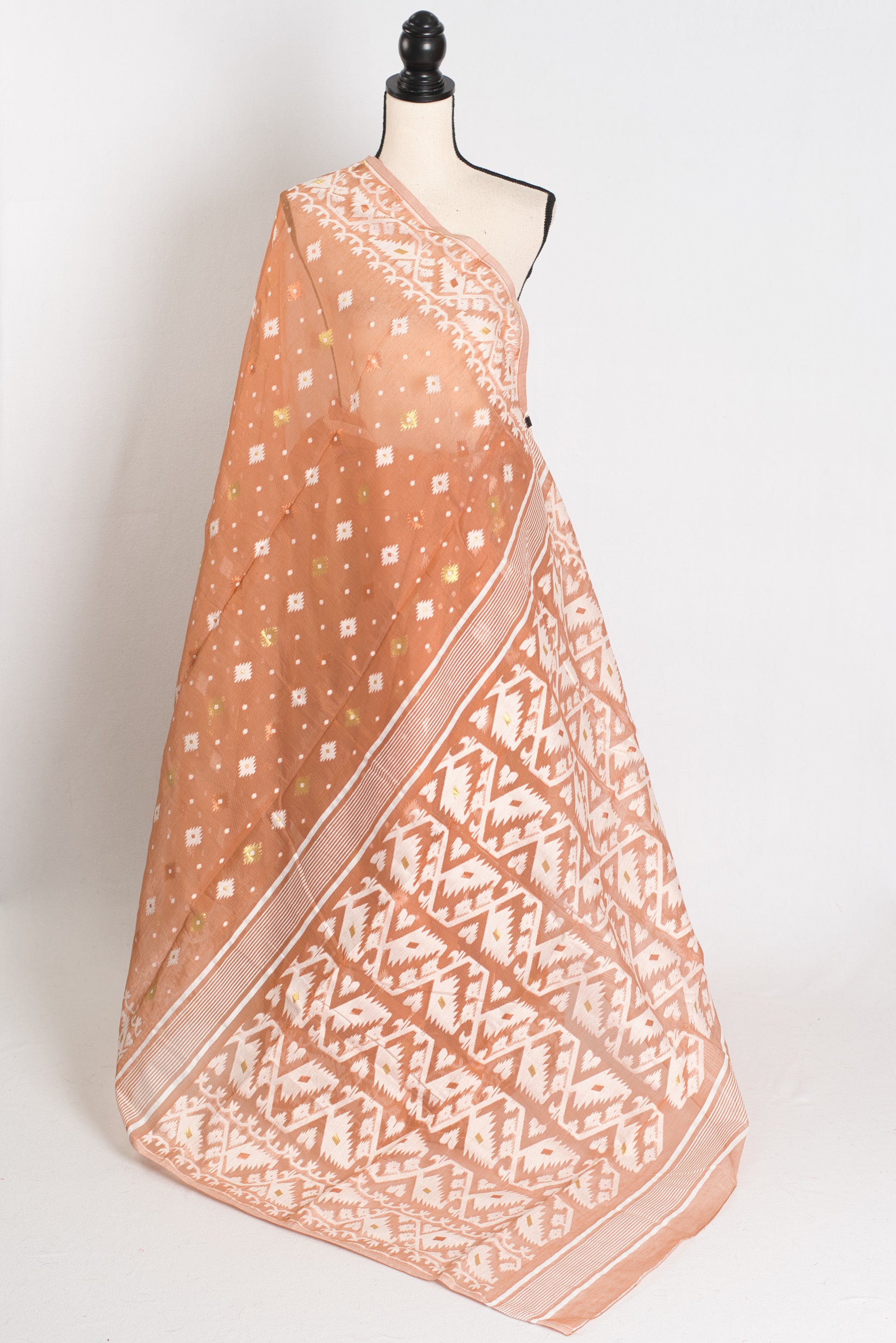 Girija : Brown and White Blended Soft Cotton Jamdani Bengali Saree image 1