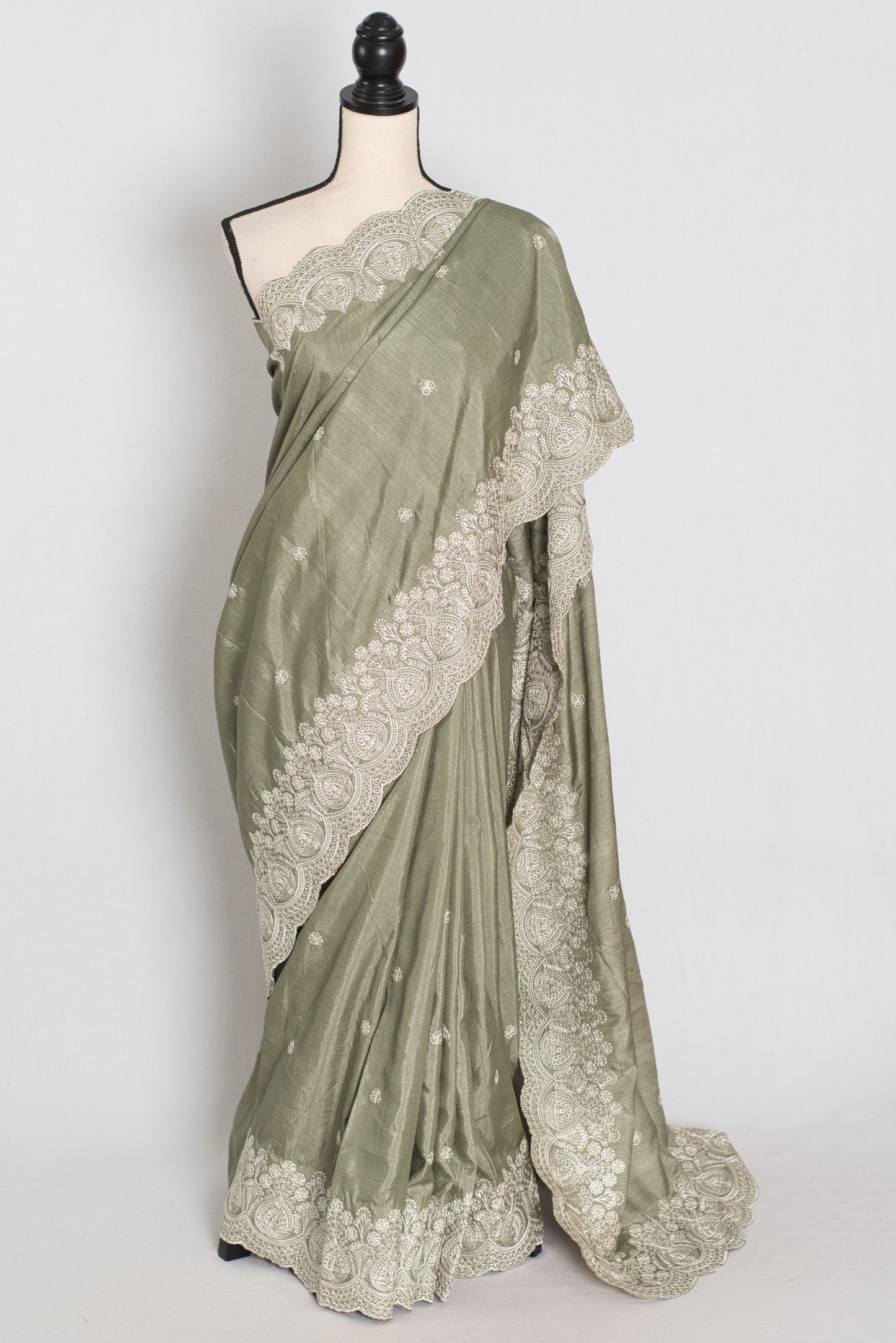 Hema | Sage Green Semi Tussar Silk Saree | Machine Embroidery & Scalloped Border image 0