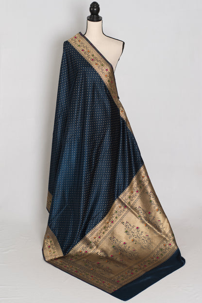 Ratri | Navy Blue Semi Mashru Banarasi Saree | Pre-Stitched Size 44 Blouse image 3