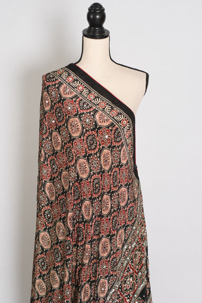 Aliya | Black Ajrakh Printed Mirror Work Saree| Bollywood Inspired Partywear image 4