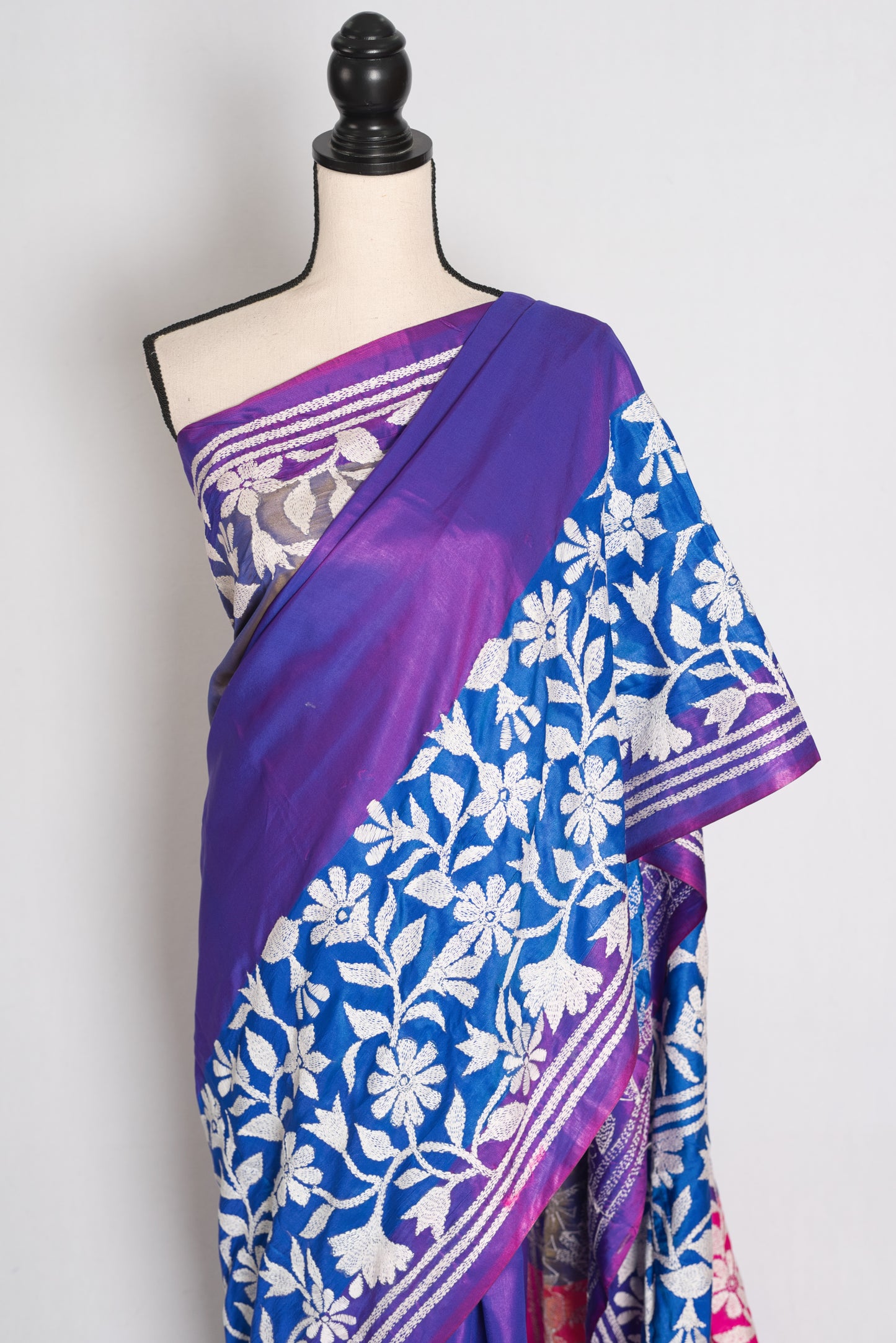 Sandhya : Purple Semi Silk Kantha Stitch Saree | Hand-Embroidered image 6