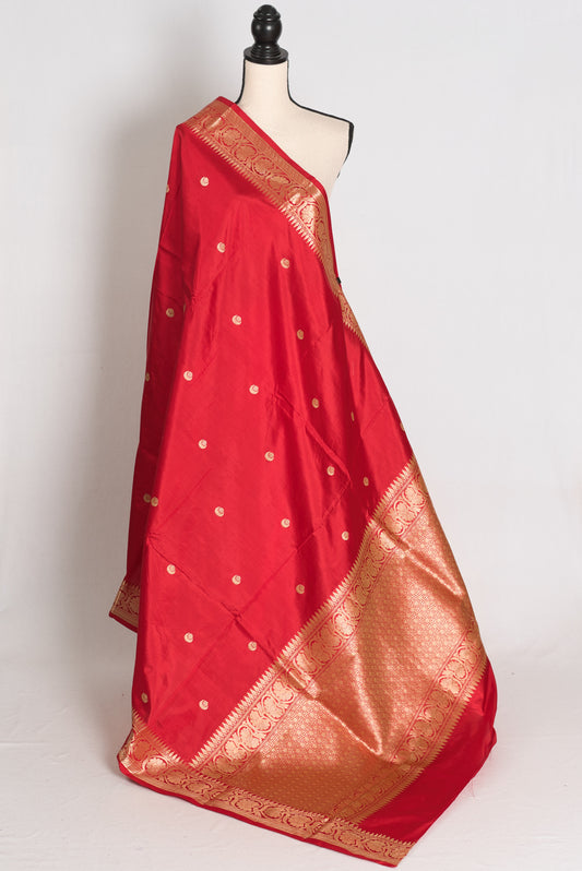 Red and gold pure Banarasi silk saree front drape view.