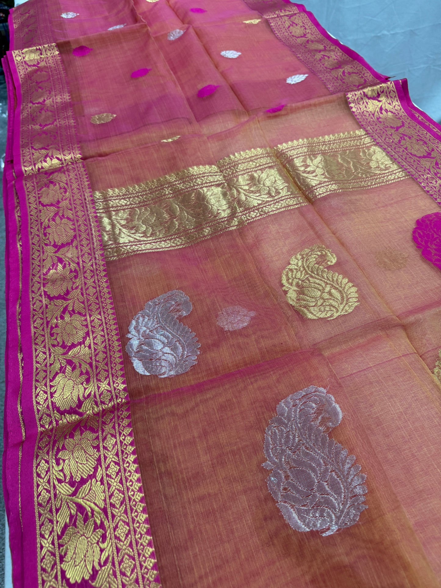 Prerna : Peach and Pink Semi Muslin Banarasi Saree image 1