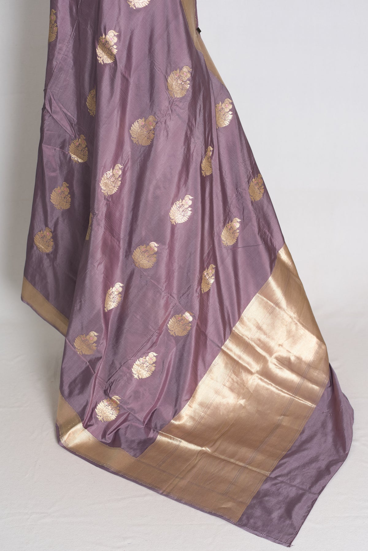 Sudha: Mauve and Gold Banarasi Katan Silk Saree with 40 Size Stitched Blouse image 4