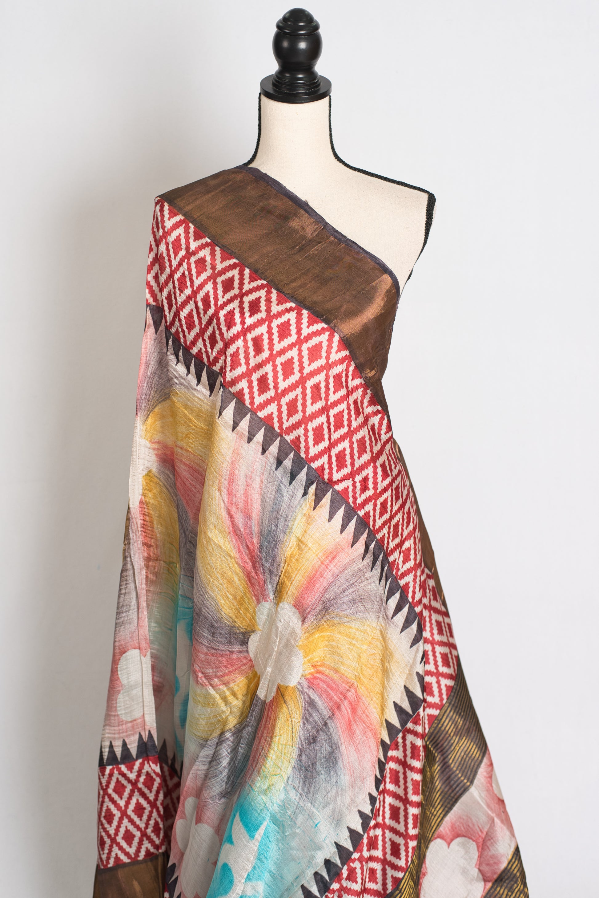 Mrinal : Hand Block Printed Matka by Tussar Silk Saree with Shibori Ikkat Print image 4