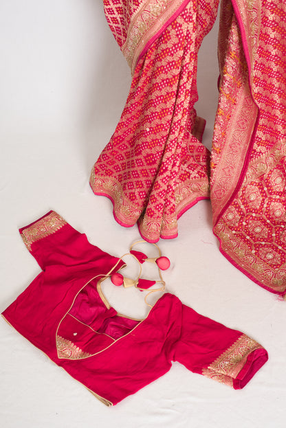 Afrin | Rani Pink Semi Georgette Saree | Pre-Stitched Size 38 Blouse image 2