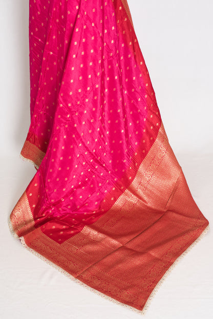 Harini | Pink & Red Dola Silk Banarasi Saree | Designer Stitched Lace Border image 4