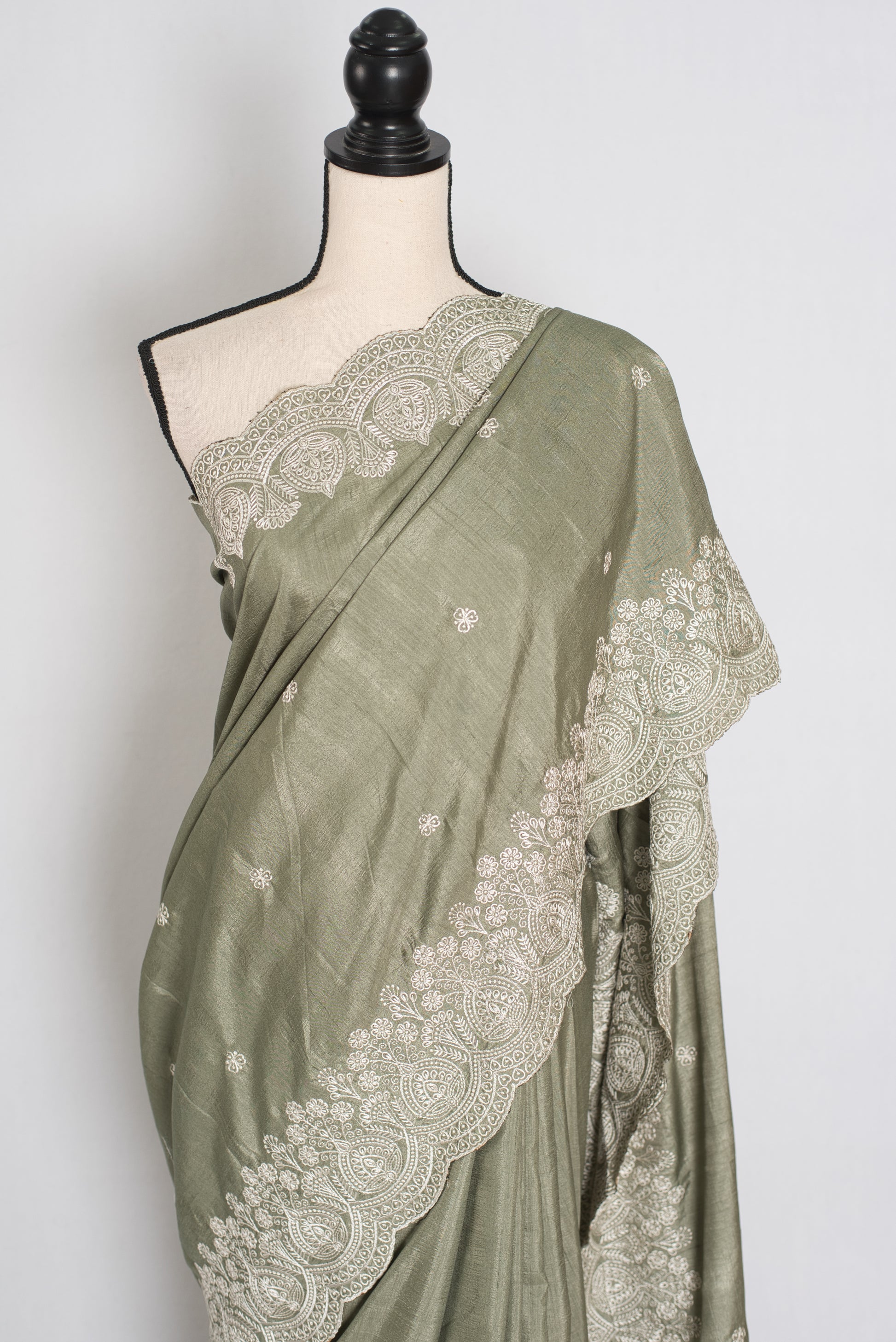 Hema | Sage Green Semi Tussar Silk Saree | Machine Embroidery & Scalloped Border image 6
