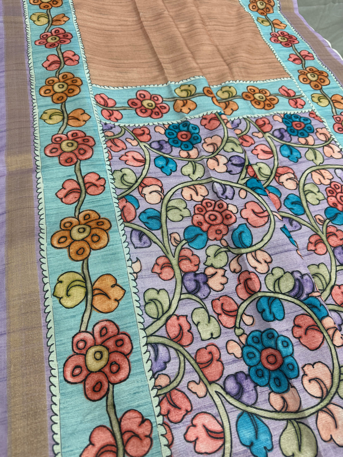 Brinda: Rustic Brown & Cerulean Blue Semi Tussar Saree | Floral Kalamkari Print image 5