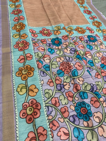 Brinda: Rustic Brown & Cerulean Blue Semi Tussar Saree | Floral Kalamkari Print image 5