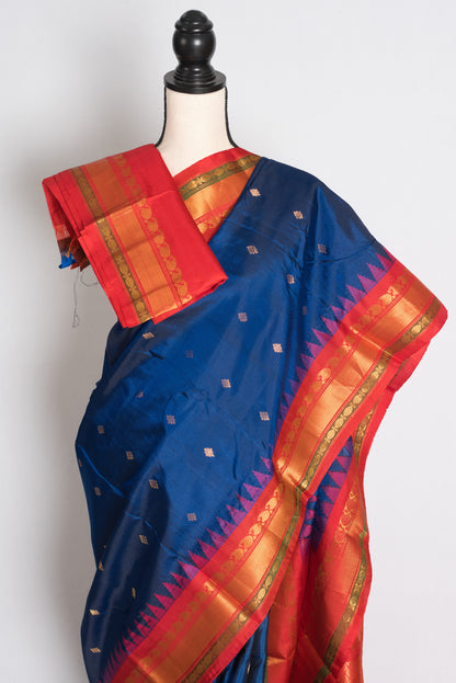 Pooja: Deep Peacock Blue Handloom Gadwal Pure Silk Saree with Red & Gold Zari image 2