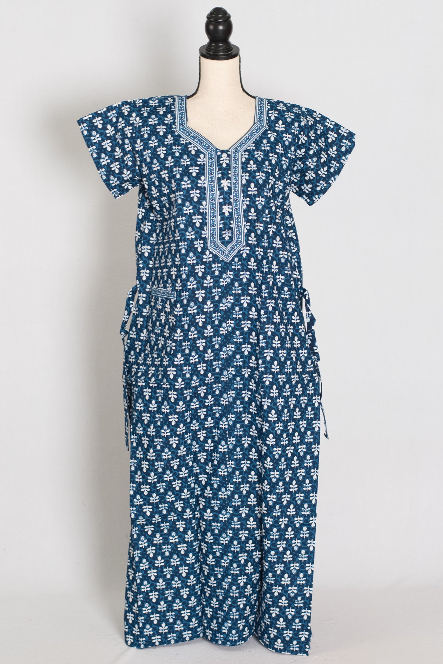 Indigo Blue Floral Sprig Block Print Pure Cotton Indian Nightgown image 1