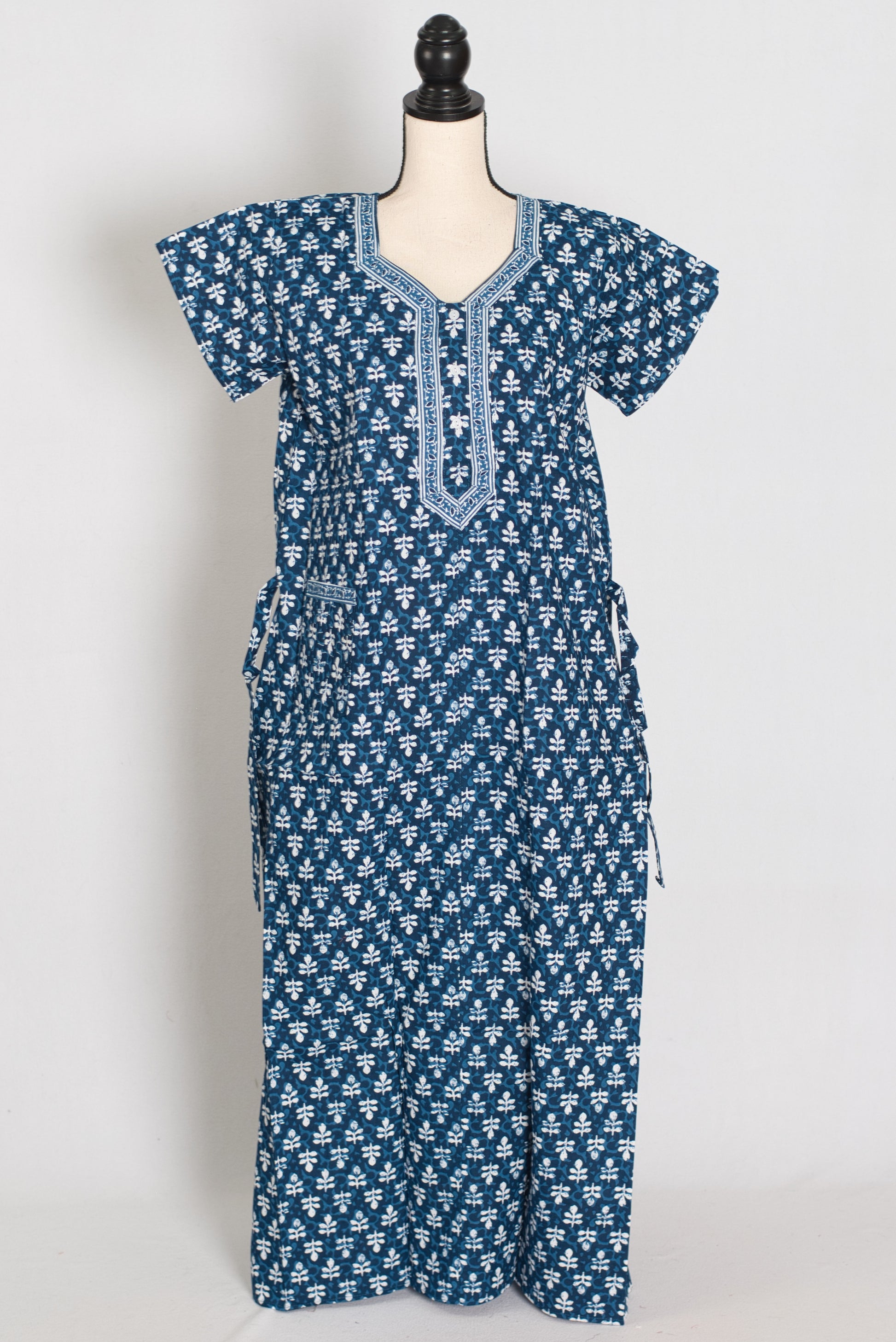 Indigo Blue Floral Sprig Block Print Pure Cotton Indian Nightgown image 1