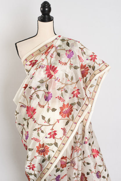 Madhavi : Organza Designer Saree with Heavy Embroidery Work in Off White image 5