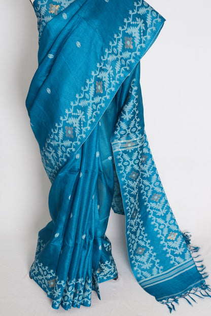 Meera Turquoise Blue Bengal Tussar Jamdani Silk Saree | Silk Mark Certified image 5
