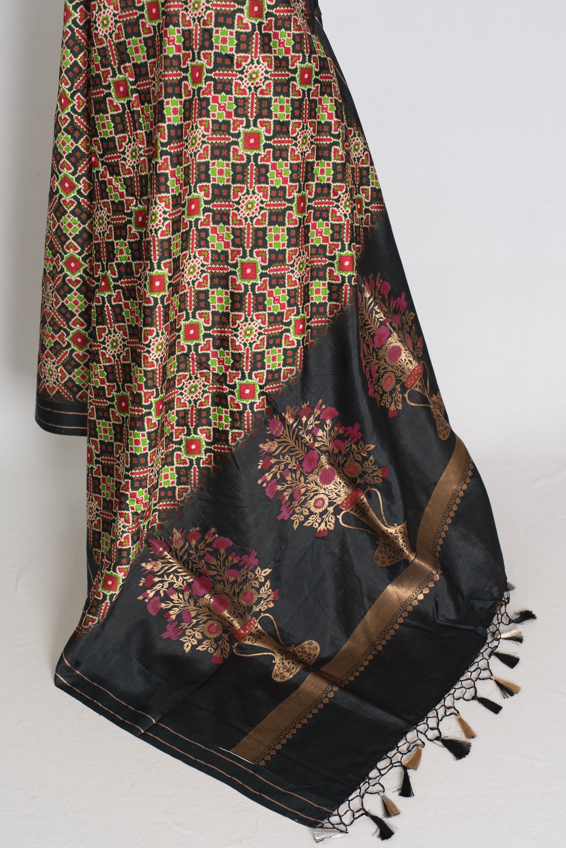 Kriti : Black and Gold Contemporary Ikkat Print Banarasi Katan Silk Saree image 3