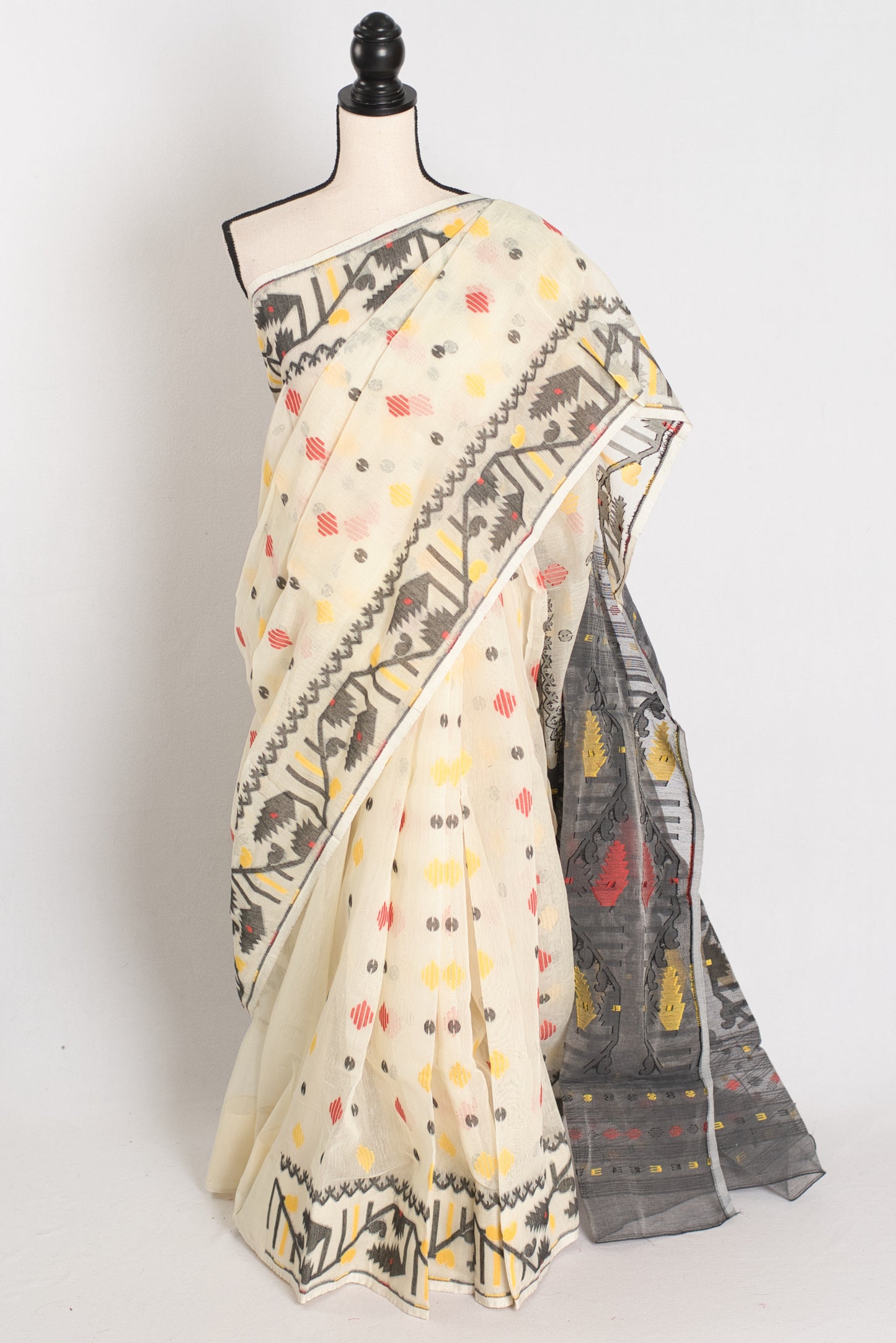Mousumi : Cream and Black Blended Soft Cotton Jamdani Bengali Saree image 0