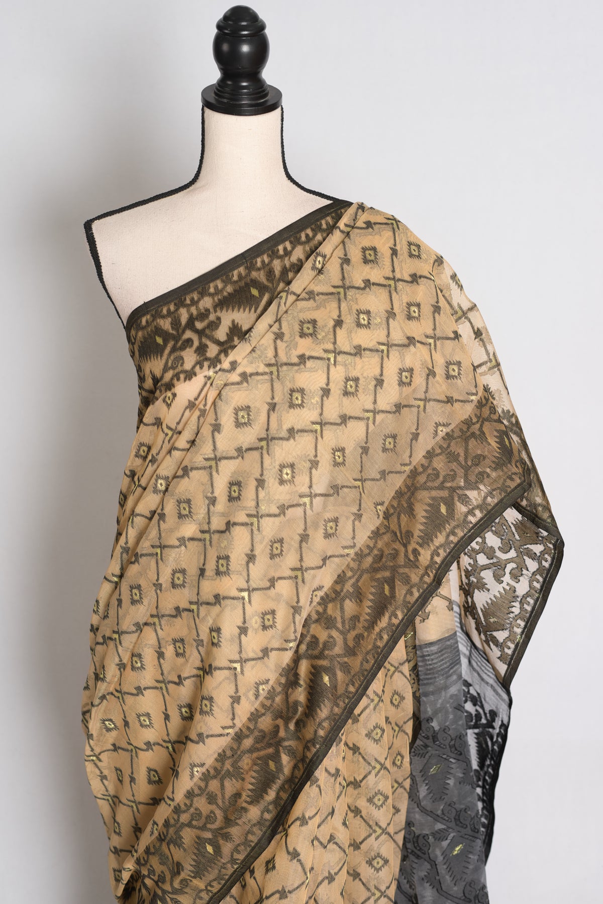 Beige and Black Jamdani saree — detail view