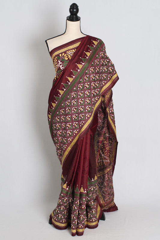 Bina : Dark Red Silk Mark Certified Hand Embroidery Kantha Stitch Saree image 0