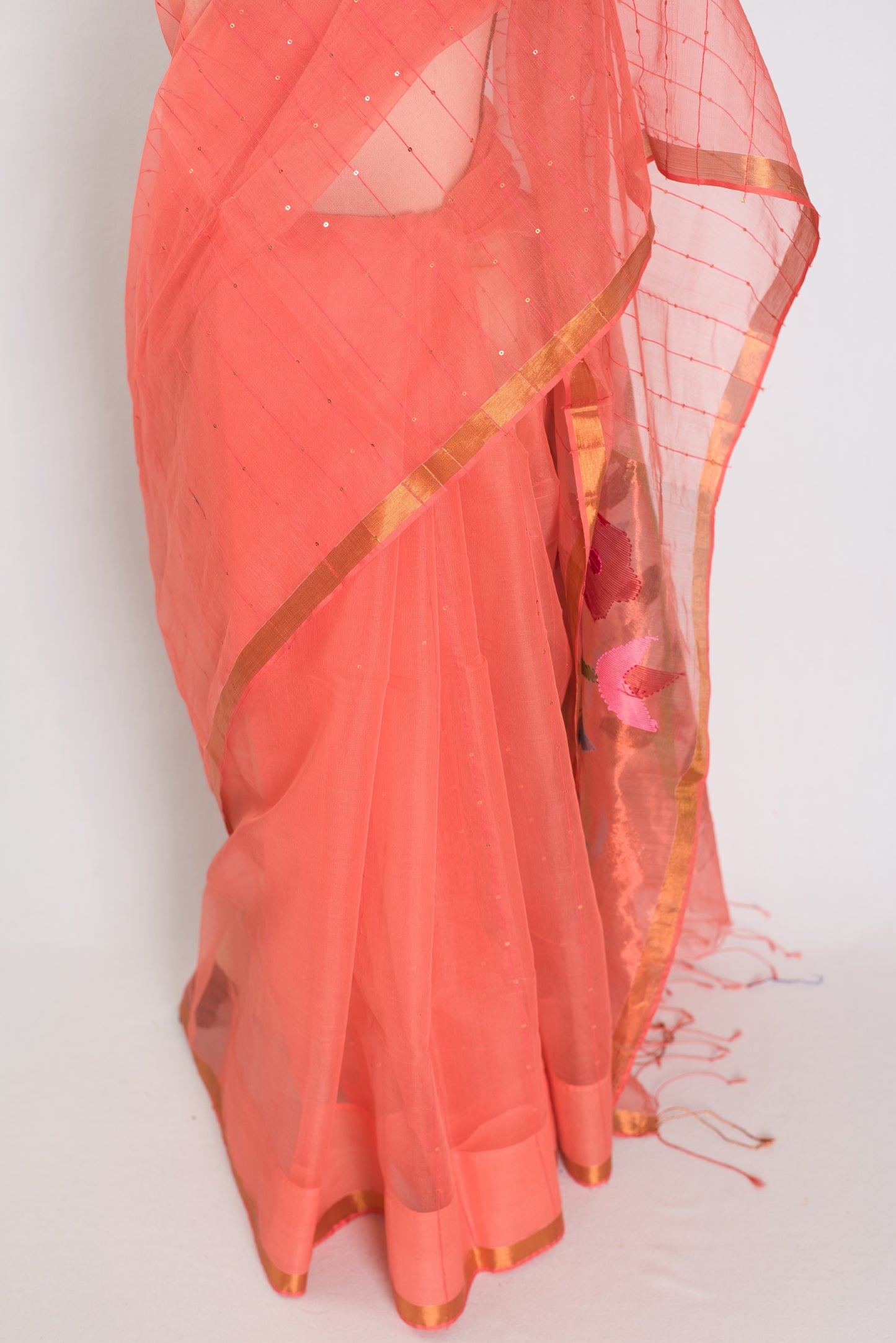 Soma: Orange & Gold Muslin Cotton Jamdani Saree | Sequin Weaving image 5