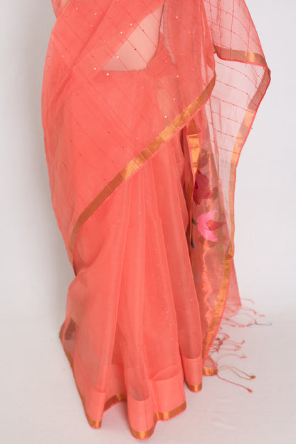 Soma: Orange & Gold Muslin Cotton Jamdani Saree | Sequin Weaving image 5