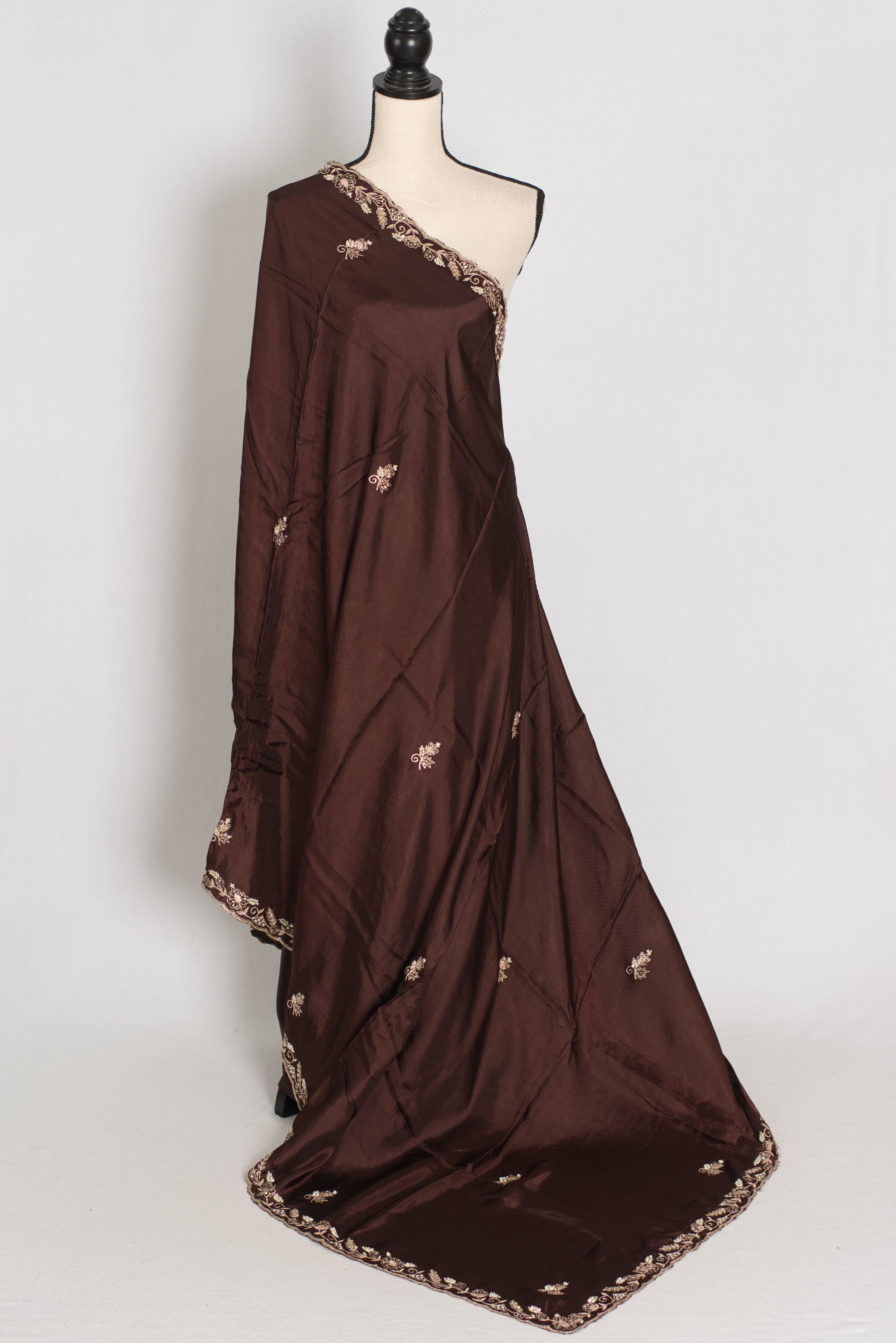 Ahiri: Dark Brown Semi Satin Saree with Zardosi Work | Reception Wear image 1