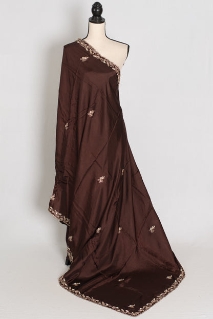 Ahiri: Dark Brown Semi Satin Saree with Zardosi Work | Reception Wear image 1