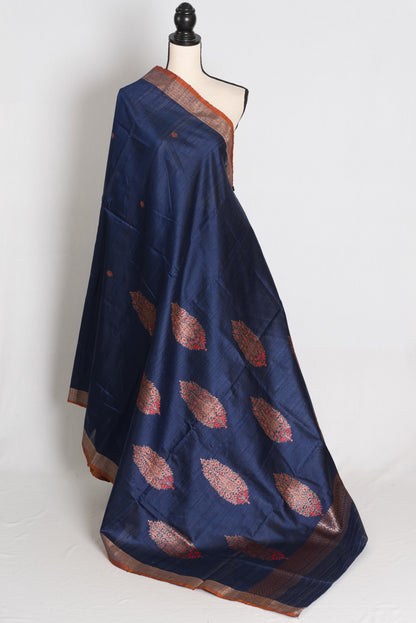 Uma : Midnight Blue Minakari Handwoven Pure Raw Silk Tussar Banarasi Saree image 1