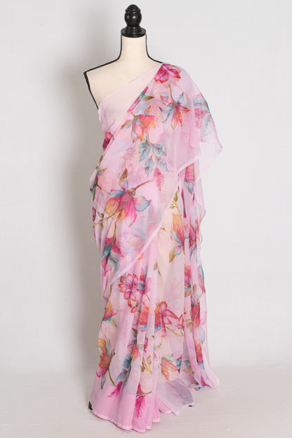 Lia : Pink Floral Printed Chiffon Saree – Budget-Friendly Summer Drape image 0