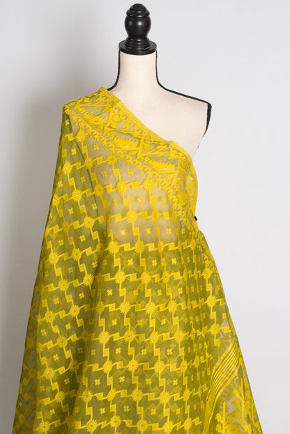 Heena Green and Yellow Jamdani saree — detail view