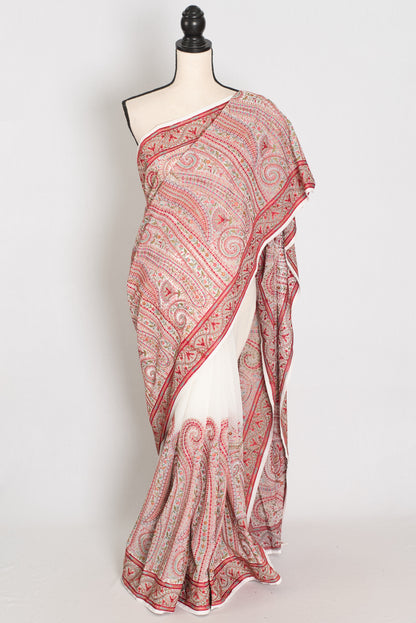 Koli | White and Red Georgette Saree | Lightweight Festive Partywear image 0