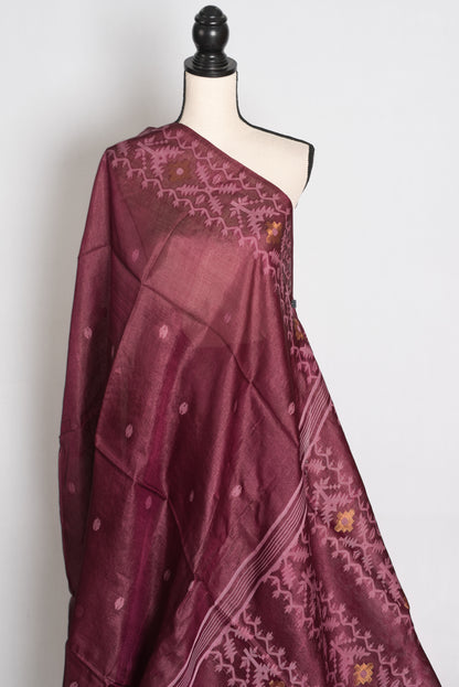 Ila : Burgundy Bengal Tussar Jamdani Silk Saree | Silk Mark Certified image 4