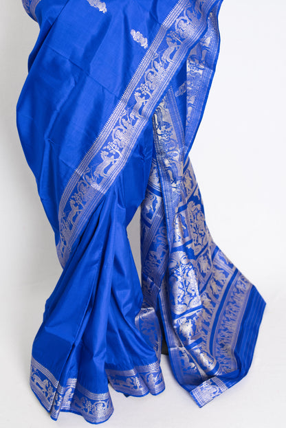 Indrani : Traditional Baluchari Silk Saree from Bengal in Royal Blue image 5