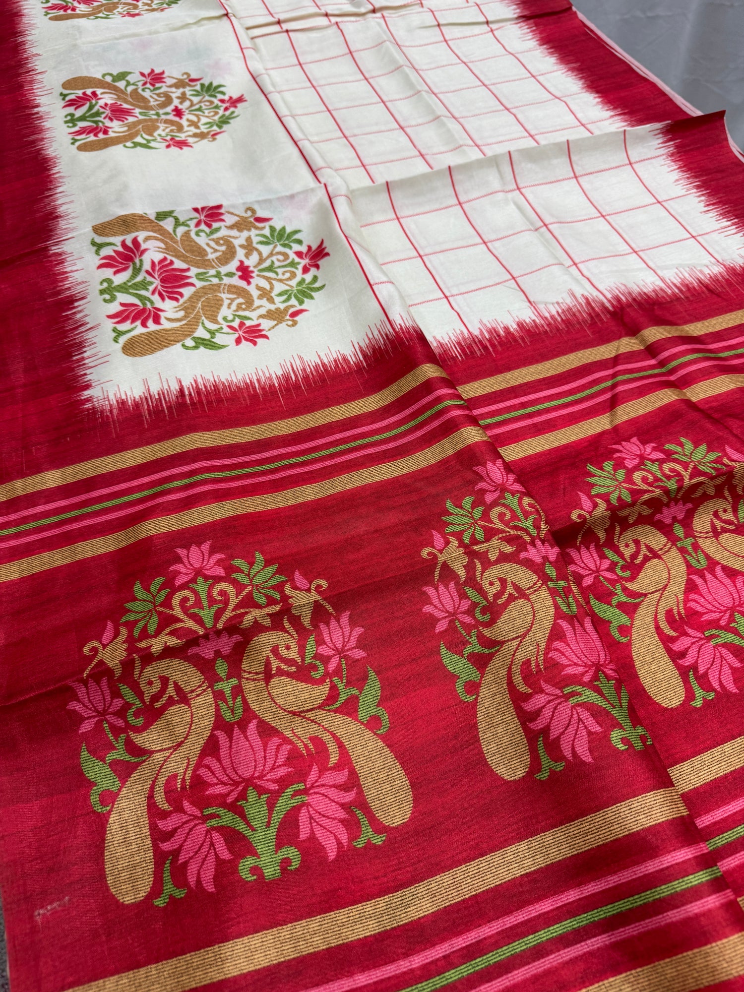 Aparajita : Off-White and Red Semi Silk Printed Saree for Durga Puja image 0