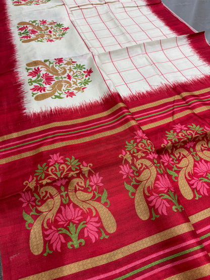 Aparajita : Off-White and Red Semi Silk Printed Saree for Durga Puja image 0