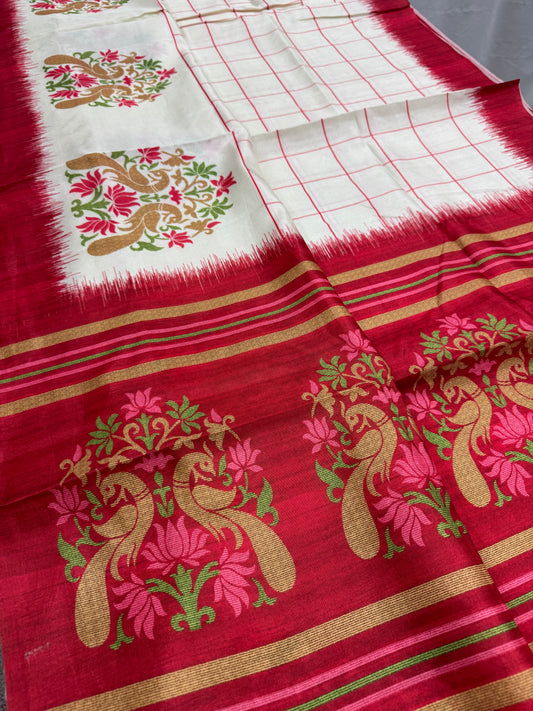 Aparajita : Off-White and Red Semi Silk Printed Saree for Durga Puja image 0