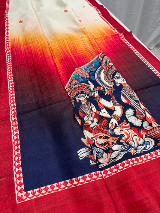 Anandita: Off-White and Red Semi Silk Printed Saree for Durga Puja image 0