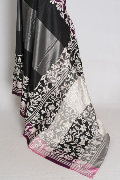 Neha : Black and Gray Hand Embroidered Kantha Stitch Semi Silk Saree image 3