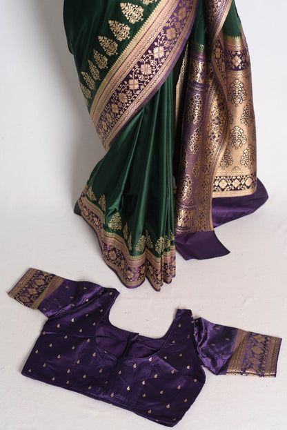 Soi: Bottle Green Semi Mashru Valkalam Banarasi Saree with 40 Size Blouse image 1