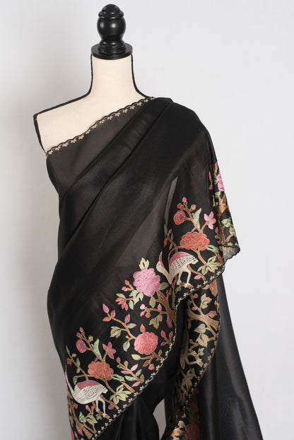 Raji : Black Thread Embroidery Party Wear Organza Saree image 6