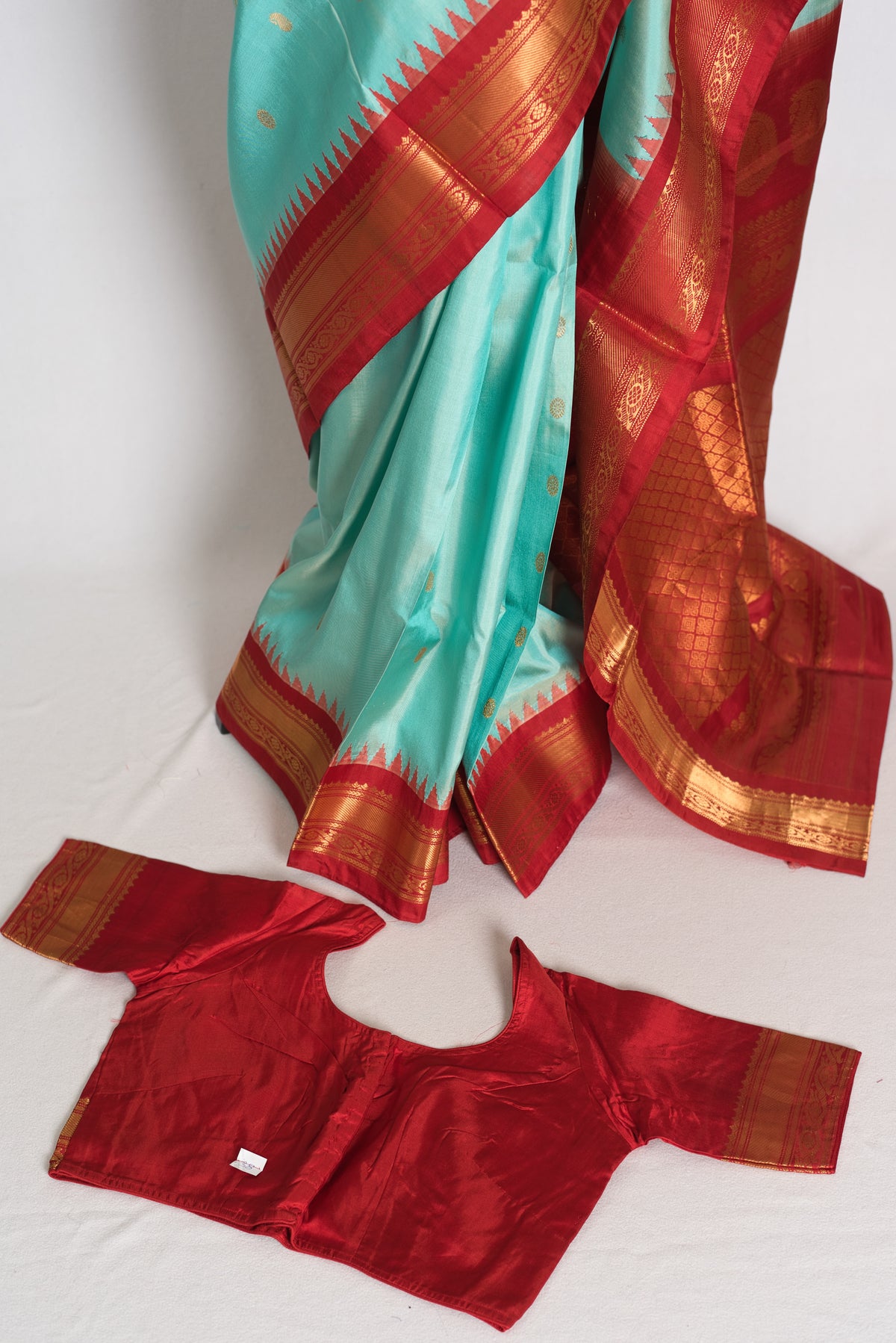 Shreya : Sea Blue & Red Handwoven Pure Gadwal Silk Saree with Stitched Blouse image 1