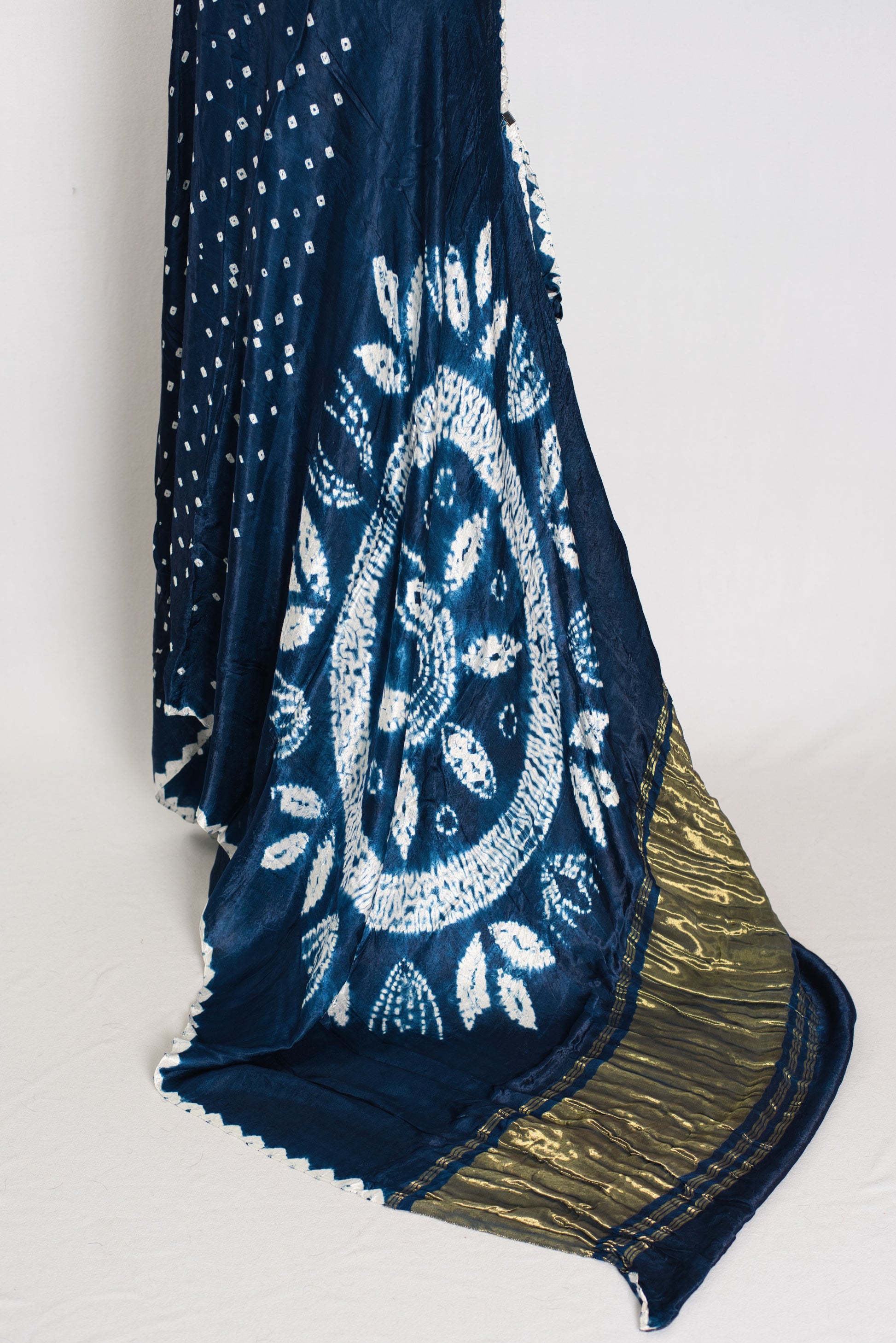 Saira: Navy Blue & White Hand Bandhani Modal Silk Saree image 3