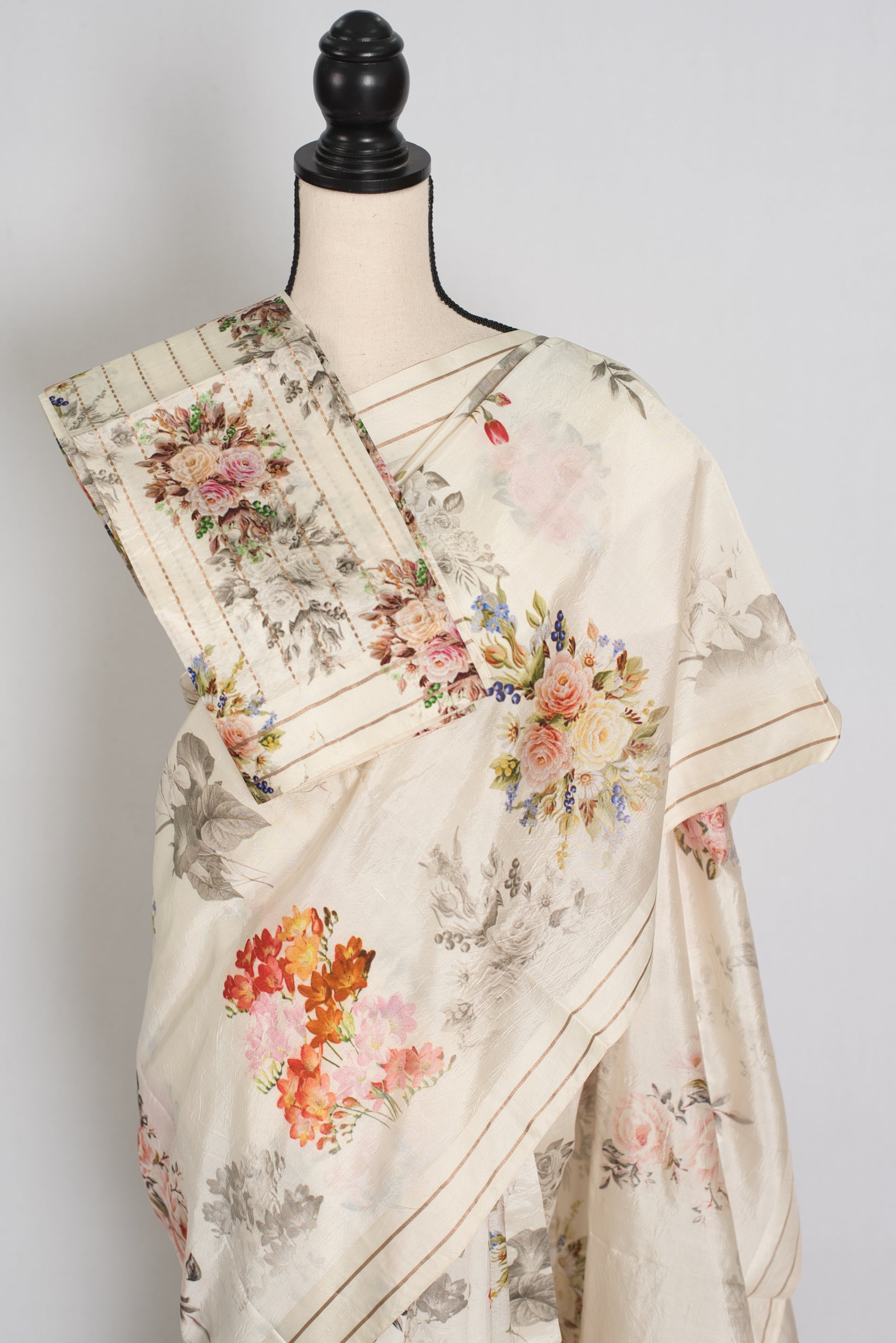 Sheuli : Ivory White Floral Printed Banarasi Katan Silk Saree image 2