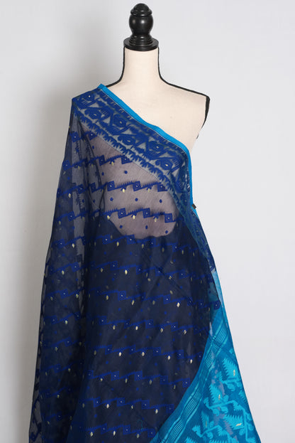 Neela : Midnight Blue & Turquoise Soft Blended Cotton Jamdani Saree image 4
