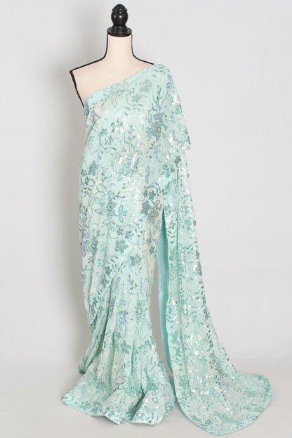Ishq | Sea Green Soft Net Saree | Ready-To-Wear Set with Size 36 Stitched Blouse image 0